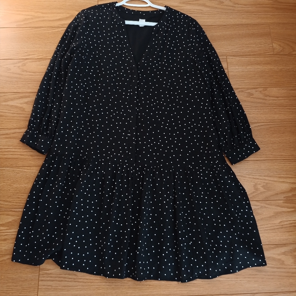 Gap black white polka dot peplum drop waist dress long sleeve